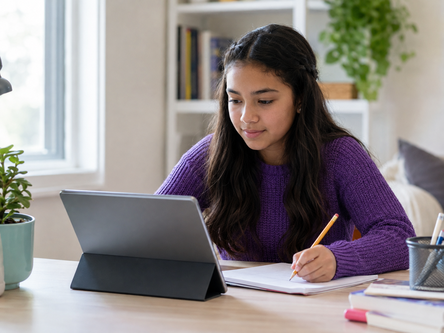 A middle-school girl completing an independent lesson on a tablet