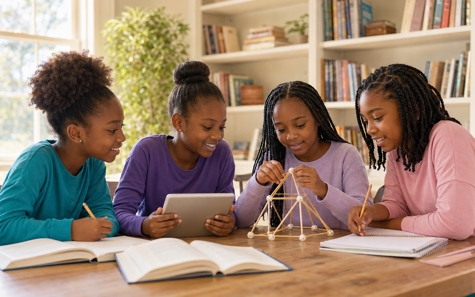 A group of girls learning together with books and a hands-on project